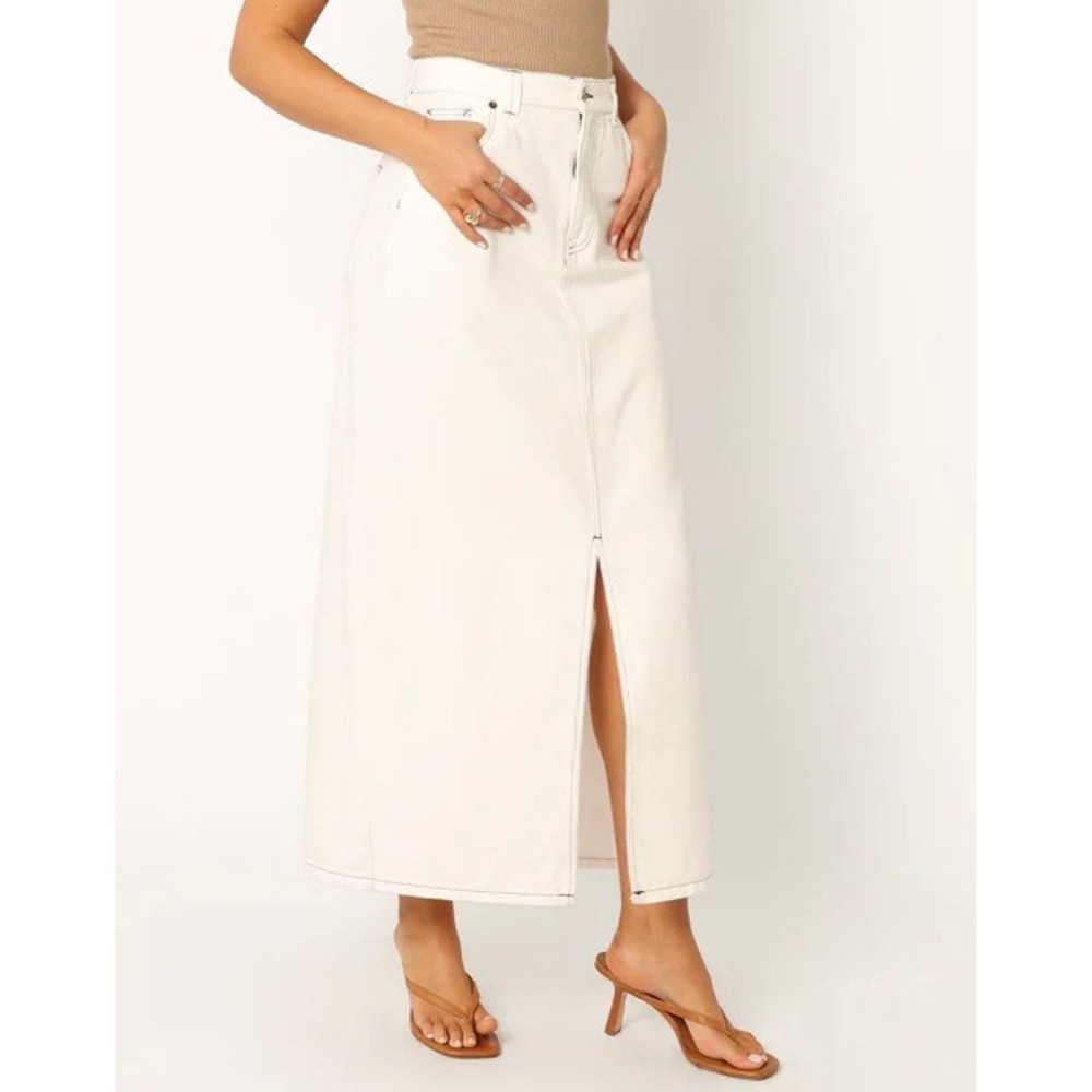 Petal + Pup Rana Denim Midi Skirt Size 4 White Front Slit Western Cowgirl Chic